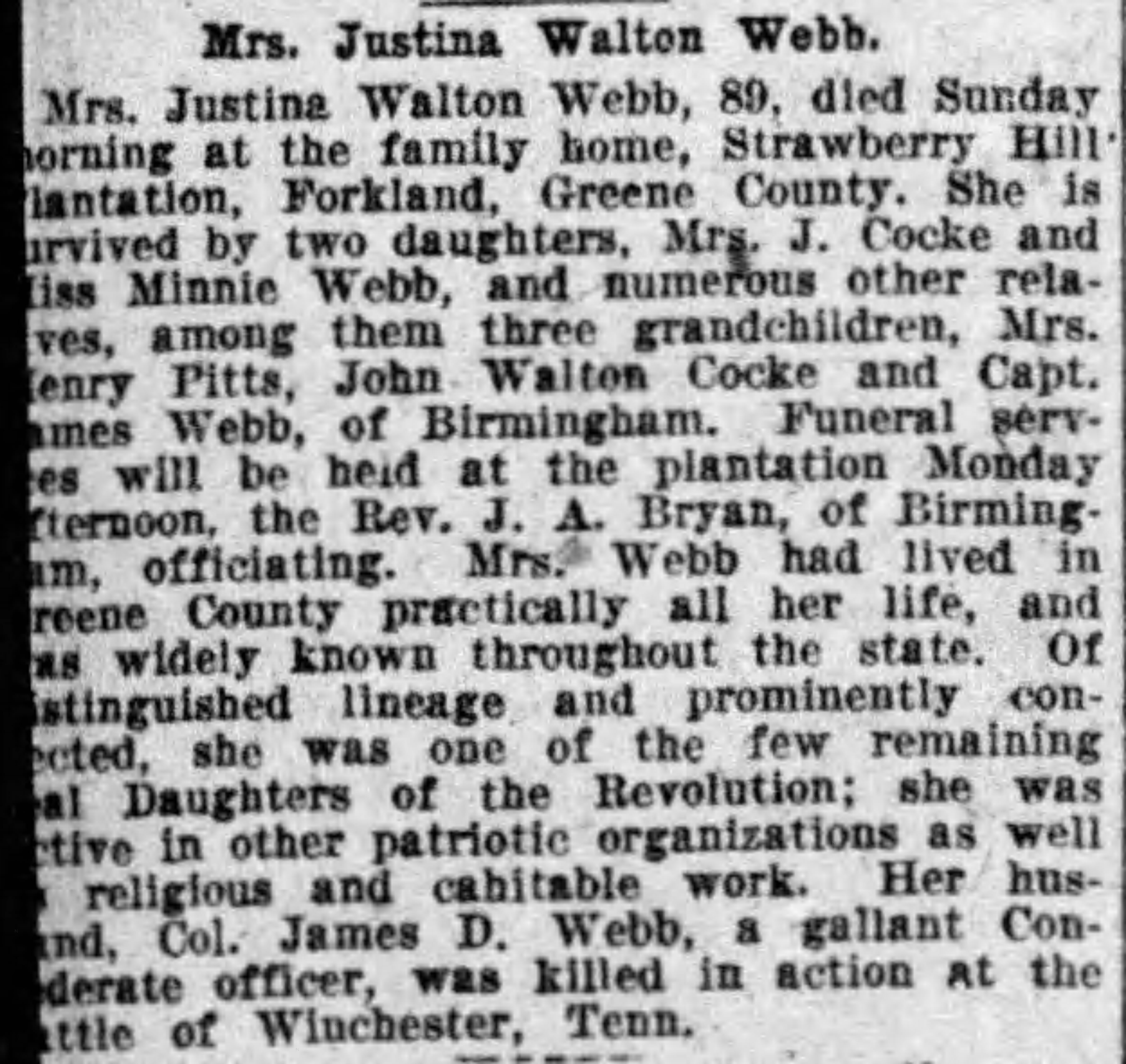 Mrs. Justina Walton Webb obituary